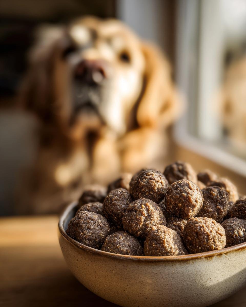 A bowl filled with Homemade Beef and Lentil Strong Bone Kibble Bites, with a dog looking eagerly in the background.