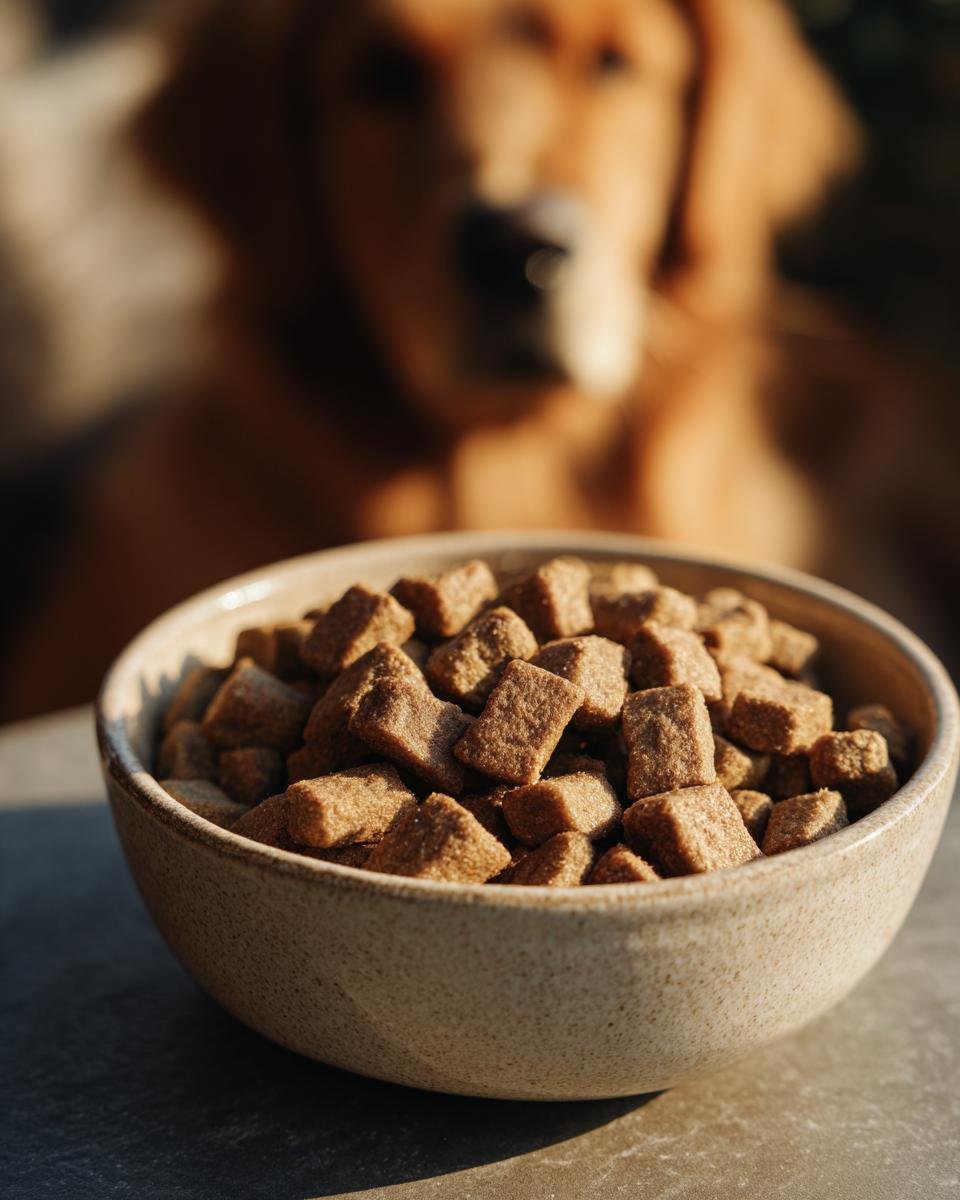 Close-up of a bowl filled with Homemade Beef and Oatmeal Balanced Daily Kibble, with a dog waiting in the background.