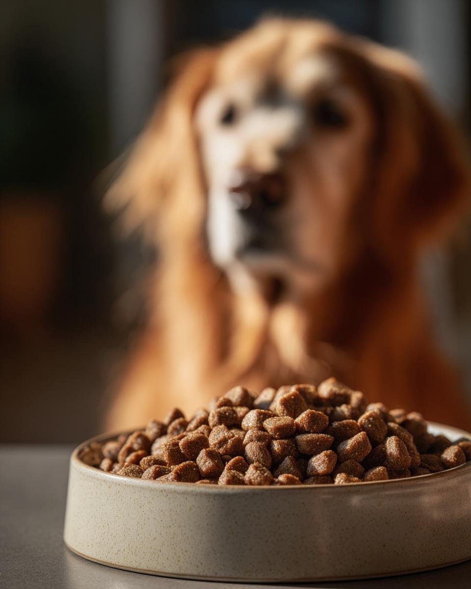 A close-up of a bowl filled with Homemade Beef and Oatmeal Balanced Daily Kibble, with a golden retriever waiting in the background.