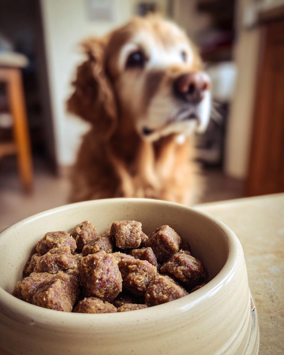 Close-up of Homemade Beef and Oatmeal Balanced Daily Kibble in a bowl, with a golden retriever waiting patiently in the background.