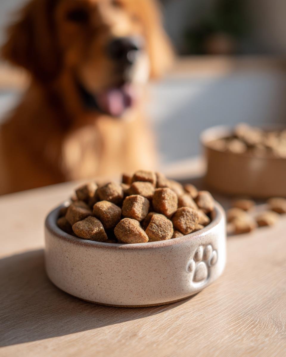 A close-up of Homemade Beef and Pear Gentle Digest Kibbles in a ceramic bowl with a paw print design.