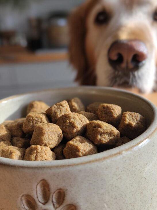 Close-up of Homemade Beef and Pumpkin Daily Strength Kibbles in a bowl, with a golden retriever looking intently in the background.