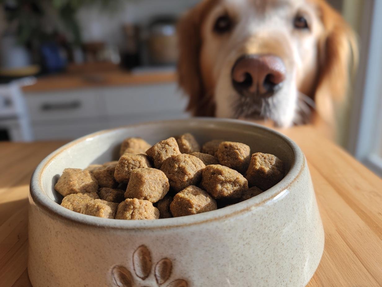 Close-up of Homemade Beef and Pumpkin Daily Strength Kibbles in a bowl, with a golden retriever looking intently in the background.