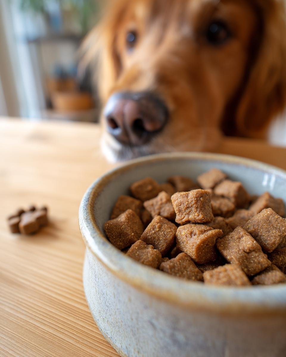 Close-up of Homemade Beef and Pumpkin Daily Strength Kibbles in a bowl with a curious Golden Retriever looking over the edge.