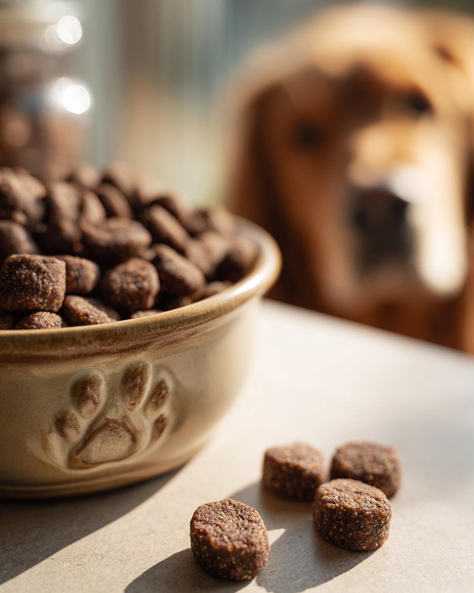 A bowl filled with Homemade Beef and Quinoa Superfood Kibbles, with a dog waiting in the background.