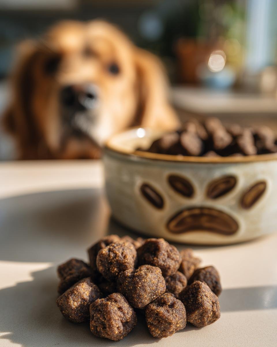 Close-up of Homemade Beef and Quinoa Superfood Kibbles with a dog waiting in the background.