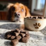 A pile of Homemade Beef and Quinoa Superfood Kibbles sits on a counter with a dog looking eagerly in the background.
