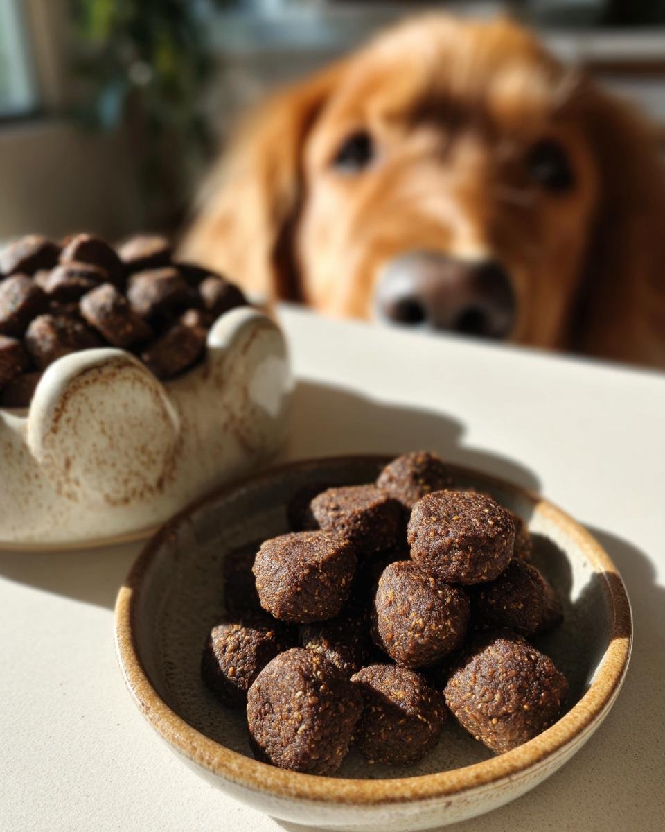 Close-up of Homemade Beef and Quinoa Superfood Kibbles in a bowl, with a curious dog looking over the table.