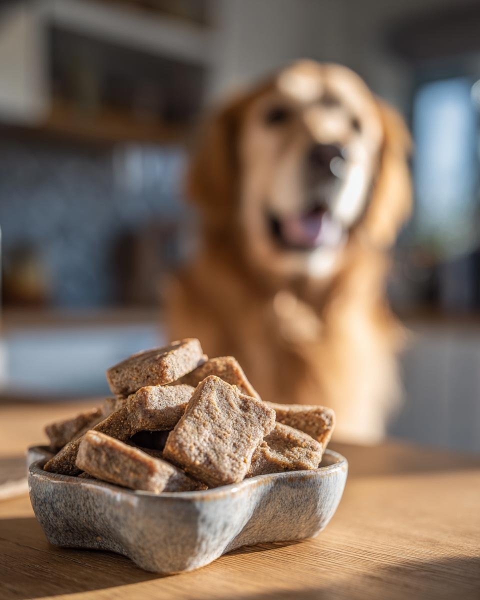 A bowl of Homemade Beef and Sweet Pea Senior Friendly Kibble with an eager Golden Retriever in the background.