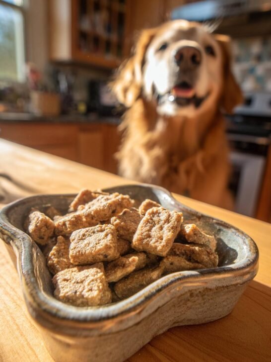A bowl of Homemade Beef and Sweet Pea Senior Friendly Kibble with a happy senior Golden Retriever waiting in the background.