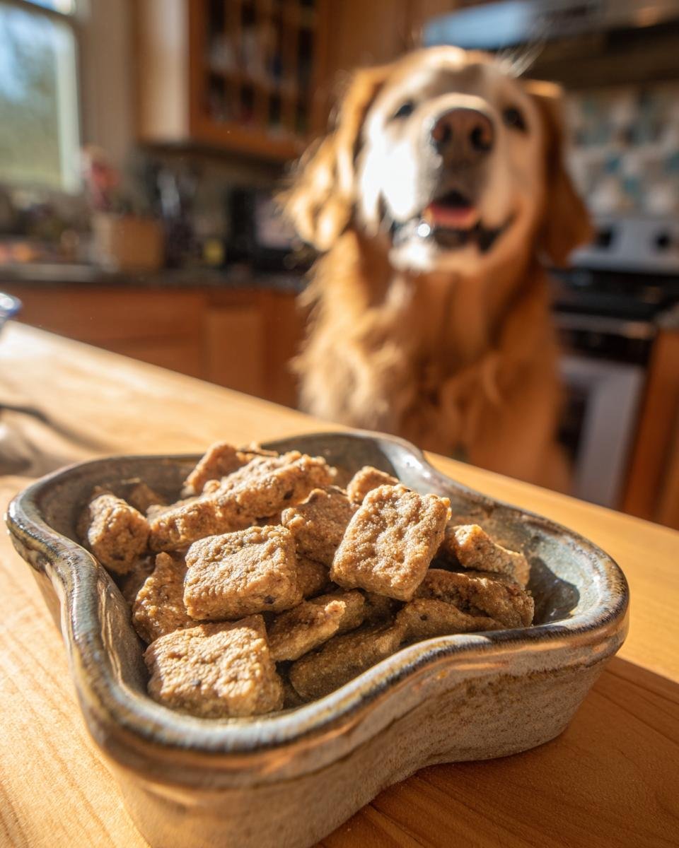 A bowl of Homemade Beef and Sweet Pea Senior Friendly Kibble with a happy senior Golden Retriever waiting in the background.