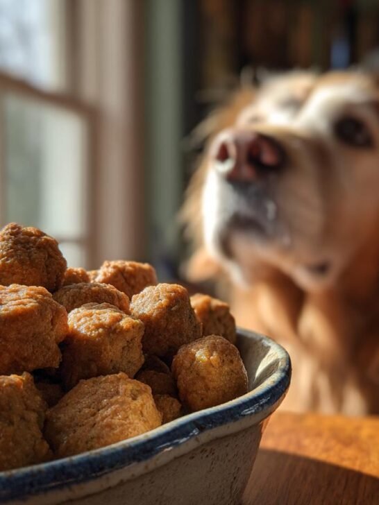 A bowl filled with Homemade Chicken and Broccoli Immune Support Kibbles, with a golden retriever looking eagerly in the background.