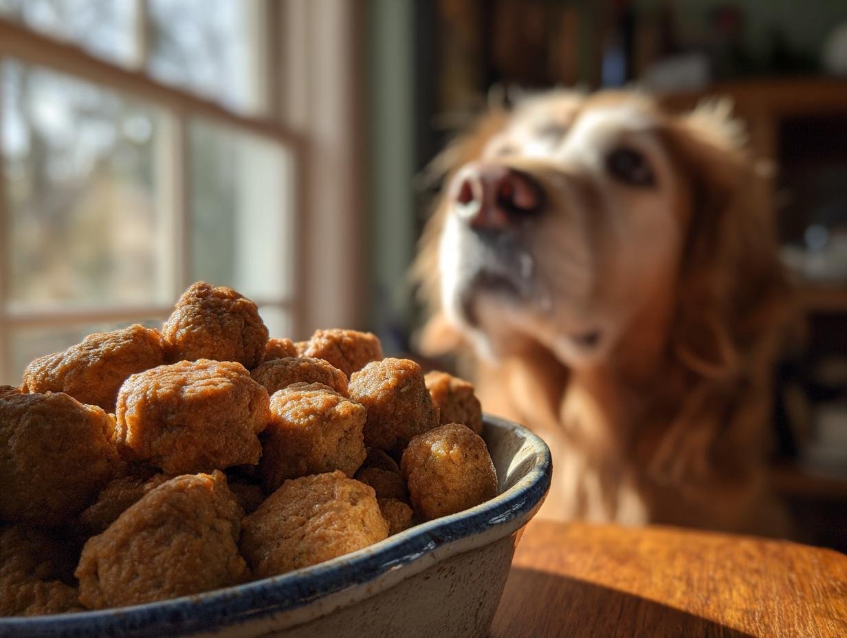 A bowl filled with Homemade Chicken and Broccoli Immune Support Kibbles, with a golden retriever looking eagerly in the background.