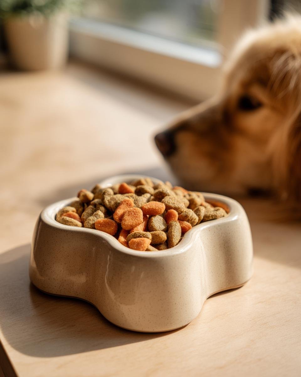A close-up of Homemade Chicken and Carrot Mini Crisp Kibbles in a ceramic bowl, with a dog looking on in the background.