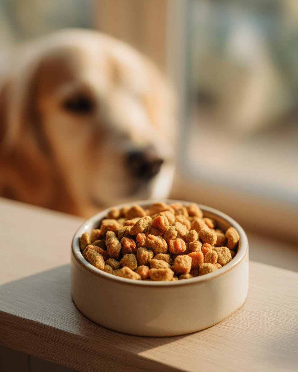 A small bowl filled with Homemade Chicken and Carrot Mini Crisp Kibbles, with a golden retriever looking on in the background.