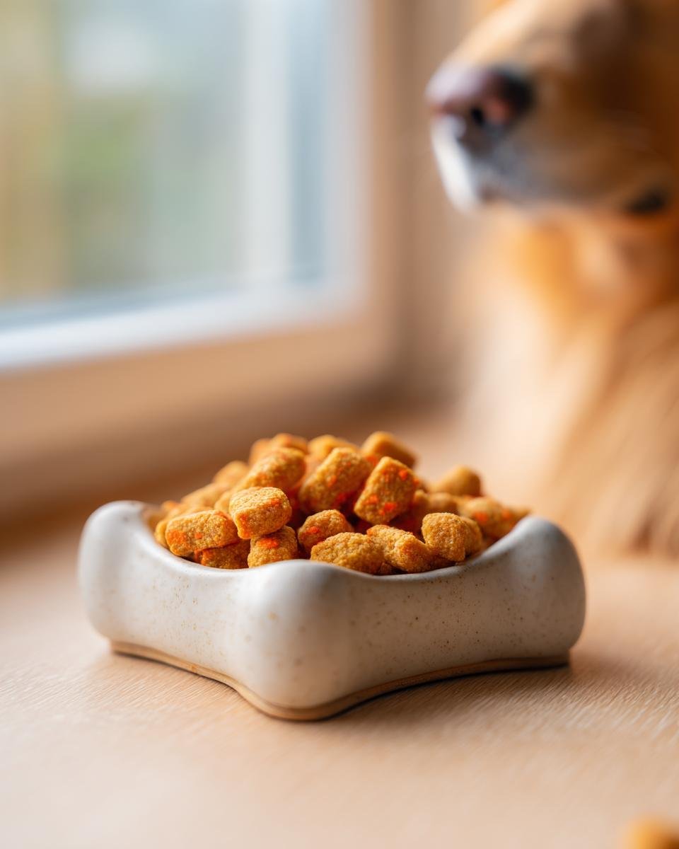 A small, bone-shaped bowl filled with Homemade Chicken and Carrot Mini Crisp Kibbles, with a dog visible in the background.
