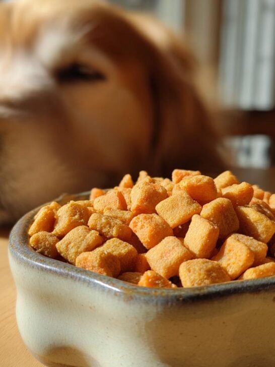 A bowl filled with Homemade Chicken and Carrot Mini Crisp Kibbles, with a golden retriever patiently waiting in the background.