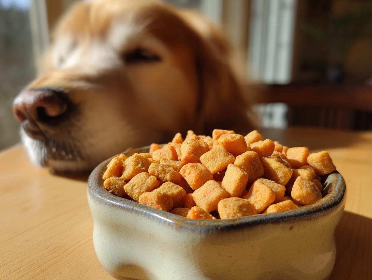 A bowl filled with Homemade Chicken and Carrot Mini Crisp Kibbles, with a golden retriever patiently waiting in the background.