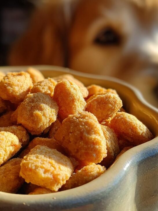 A bowl filled with Homemade Chicken and Pumpkin Air Crisped Kibbles, with a dog looking eagerly in the background.