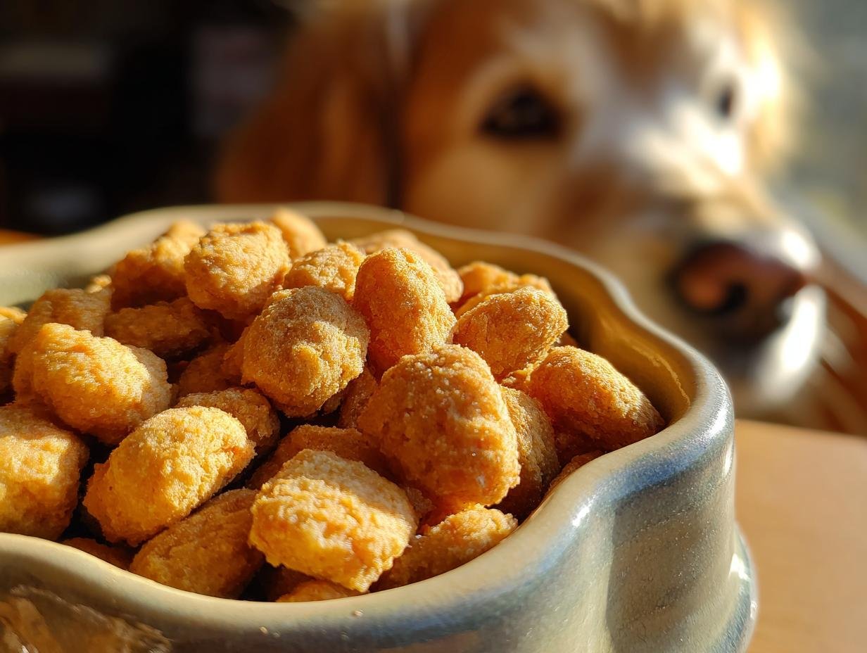 A bowl filled with Homemade Chicken and Pumpkin Air Crisped Kibbles, with a dog looking eagerly in the background.