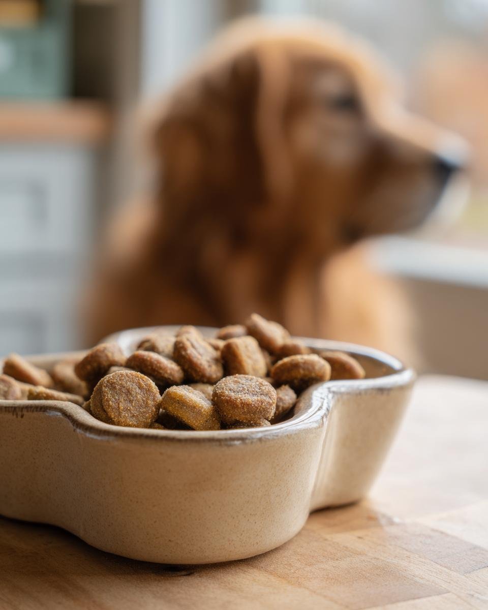Close-up of Homemade Chicken and Pumpkin Digestive Kibble Mix in a ceramic bowl with a dog blurred in the background.
