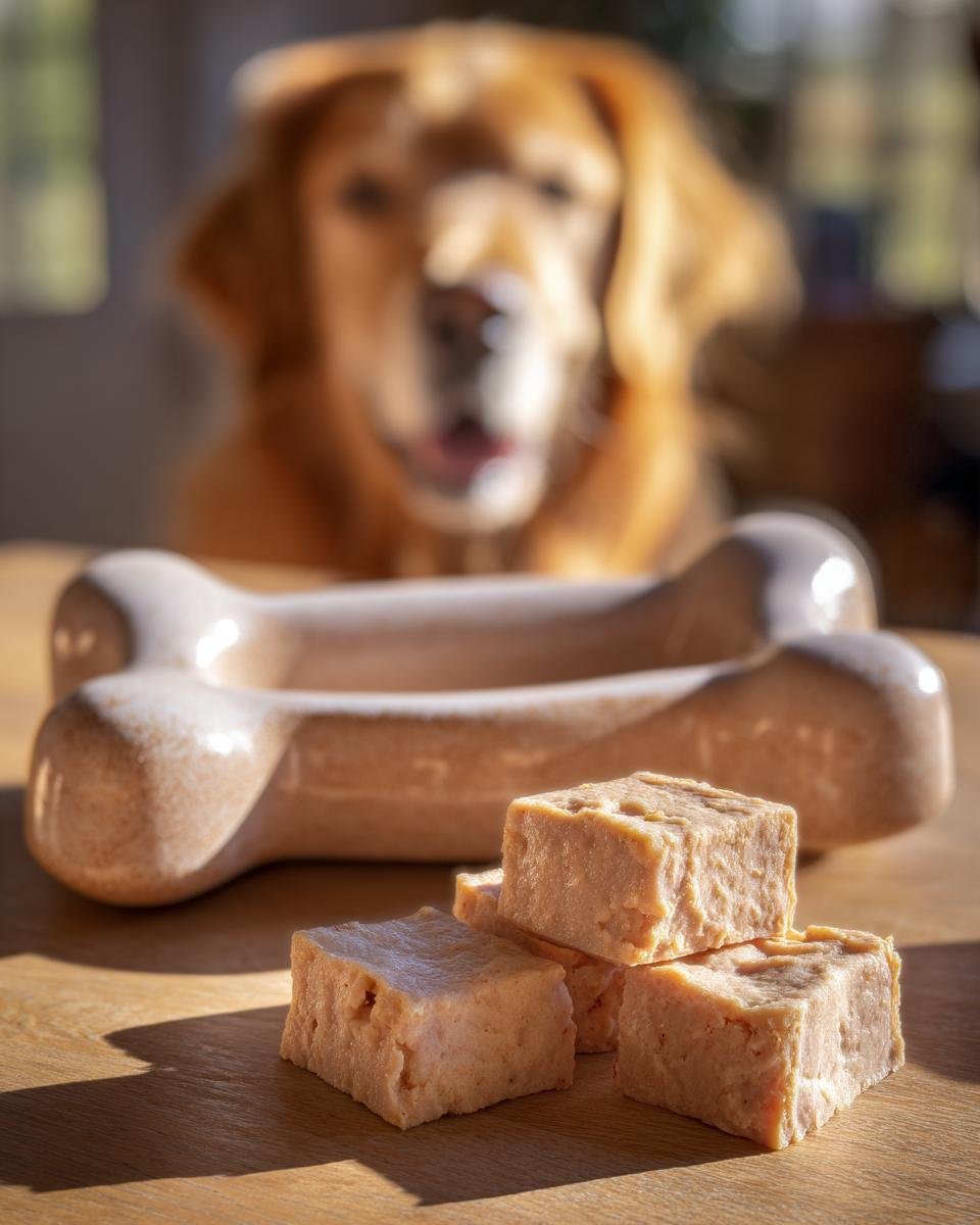 Cubes of Homemade Chicken and Rice Gentle Tummy Kibbles on a wooden table with a dog waiting.