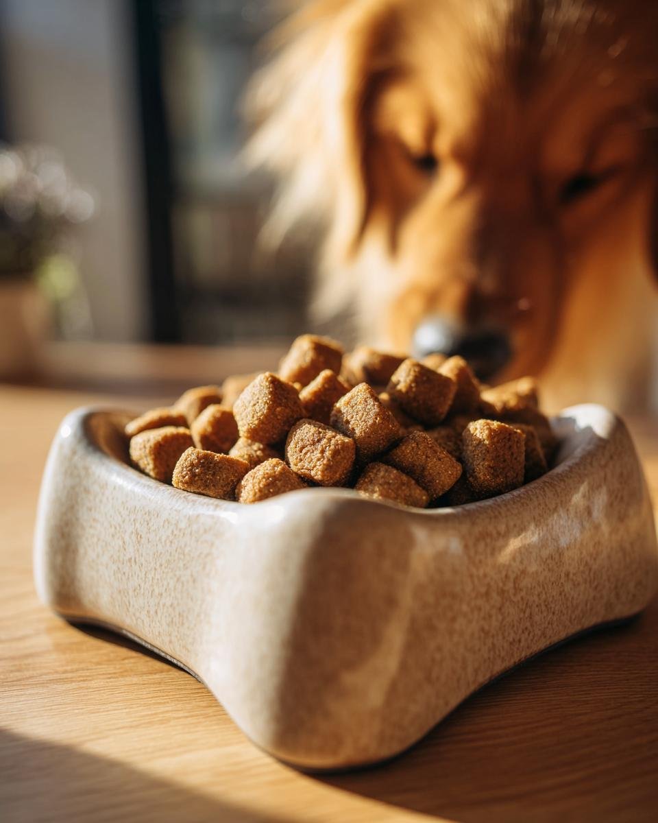 Close-up of Homemade Chicken and Apple Energizing Mini Kibbles in a bone-shaped bowl with a dog looking on.