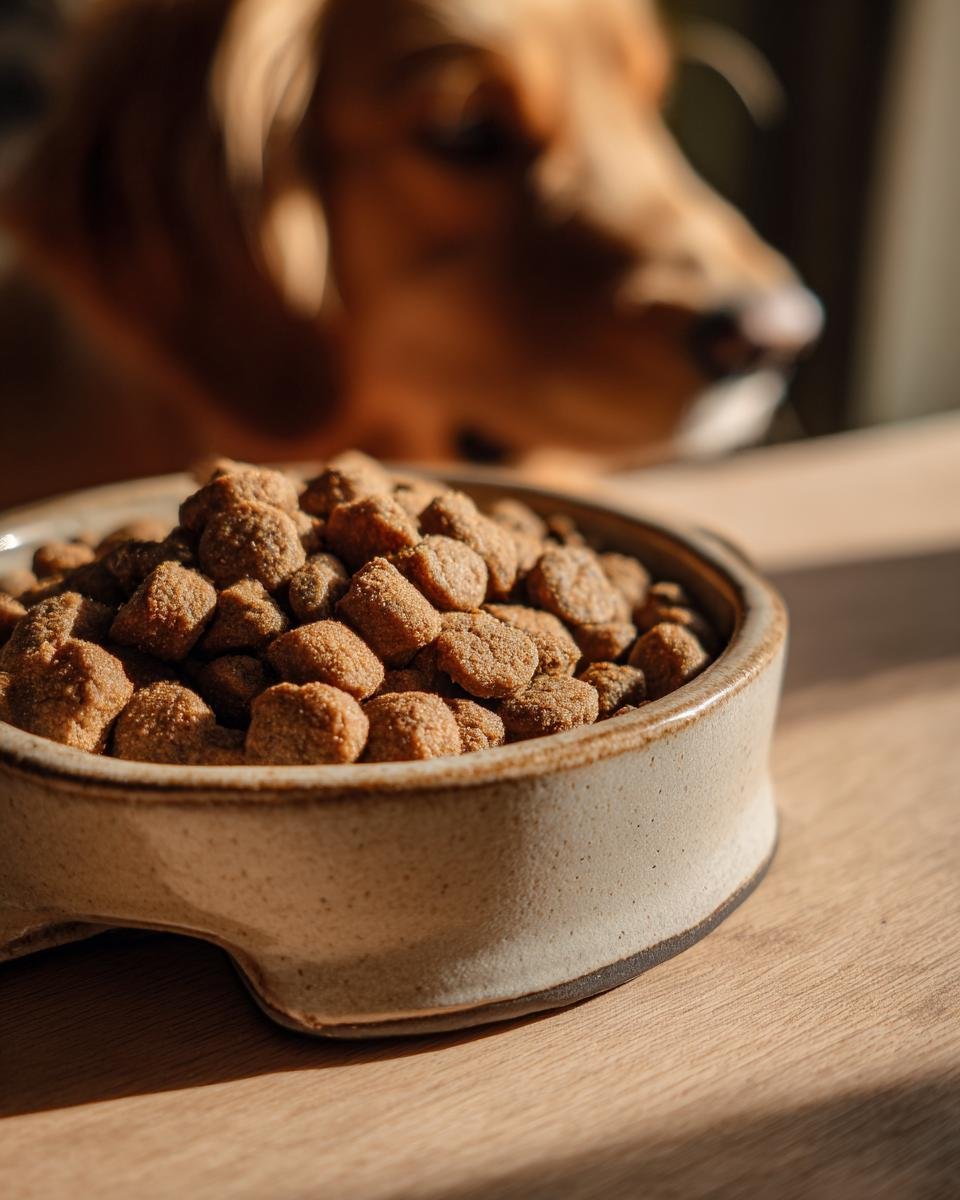 Close-up of Homemade Chicken and Apple Energizing Mini Kibbles in a ceramic bowl with a dog looking on in the background.