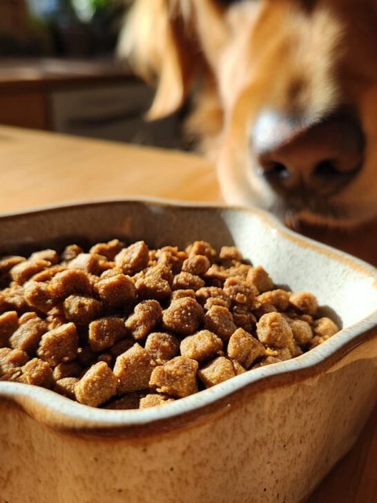 A close-up of Homemade Chicken and Apple Energizing Mini Kibbles in a ceramic bowl, with a dog sniffing in the background.