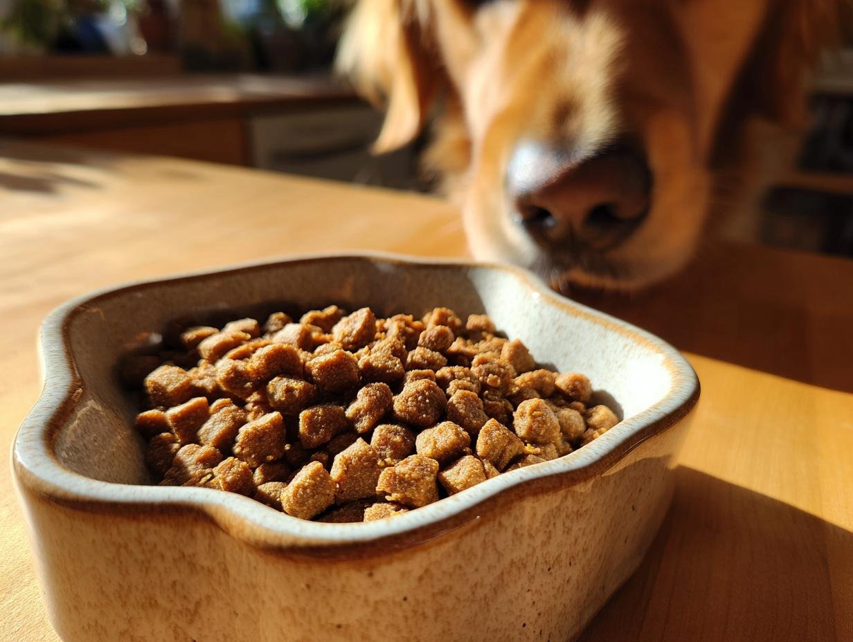 A close-up of Homemade Chicken and Apple Energizing Mini Kibbles in a ceramic bowl, with a dog sniffing in the background.