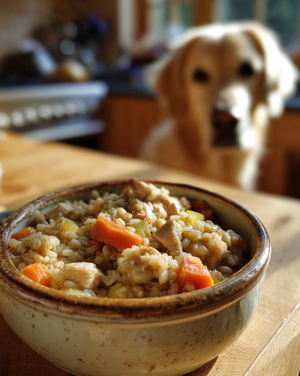 Bowl of Homemade Chicken and Barley Slow Bake Dinner Kibble with a golden retriever looking on.
