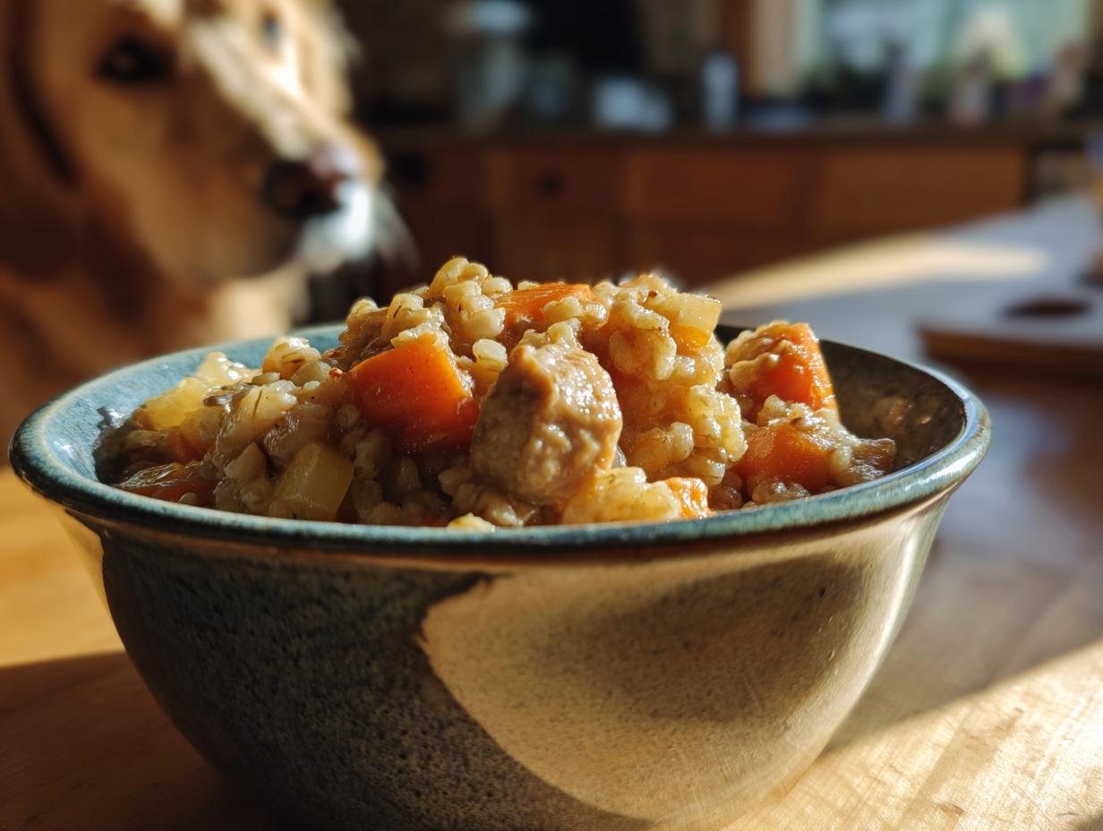 A close-up of a bowl filled with Homemade Chicken and Barley Slow Bake Dinner Kibble, with a dog watching in the background.