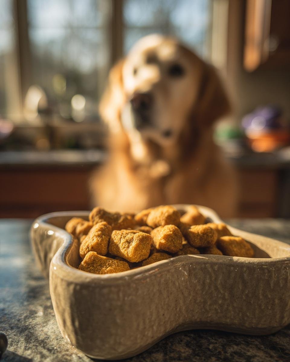 A close-up of Homemade Chicken and Broccoli Immune Support Kibbles in a dog bowl, with a golden retriever waiting in the background.