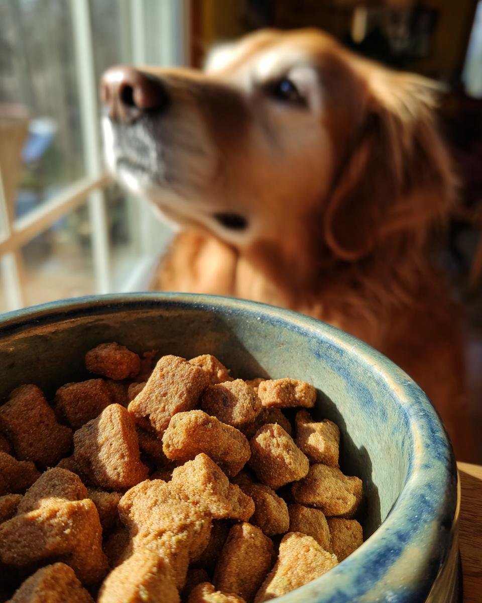 A blue bowl filled with Homemade Chicken and Broccoli Immune Support Kibbles, with a golden retriever looking away in the background.