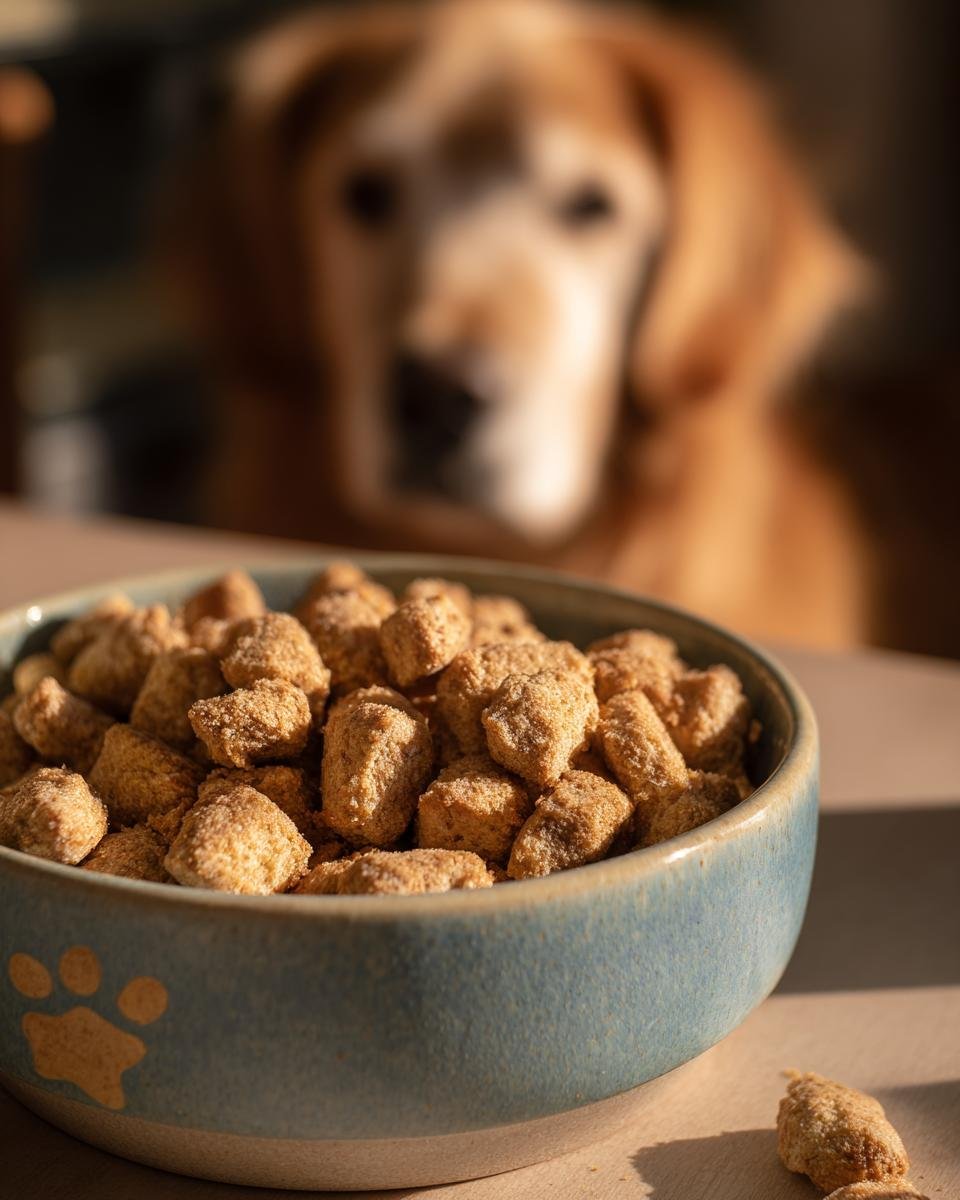 A blue dog bowl filled with Homemade Chicken and Cauliflower Light Crumble Kibbles, with a dog watching in the background.