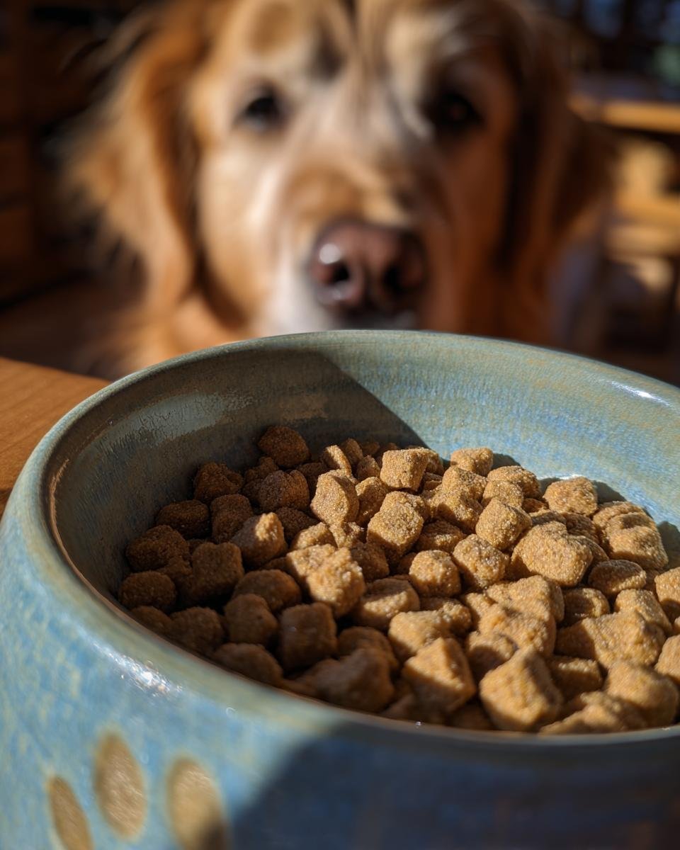 Close-up of Homemade Chicken and Cauliflower Light Crumble Kibbles in a blue bowl, with a golden retriever looking eagerly in the background.