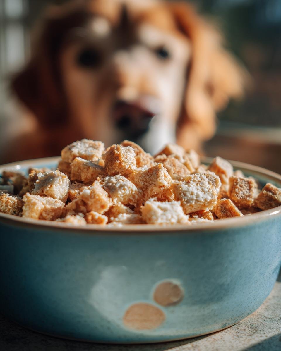 A close-up of homemade chicken and cauliflower light crumble kibbles in a blue bowl, with a dog looking eagerly in the background.