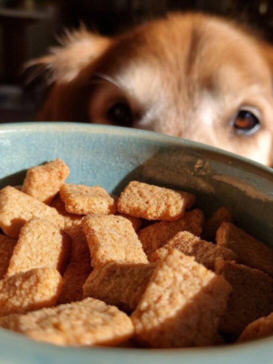A golden dog peers over a blue bowl filled with Homemade Chicken and Cauliflower Light Crumble Kibbles.
