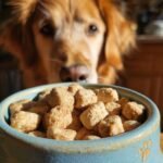 A golden retriever looks intently at a bowl full of Homemade Chicken and Cauliflower Light Crumble Kibbles.