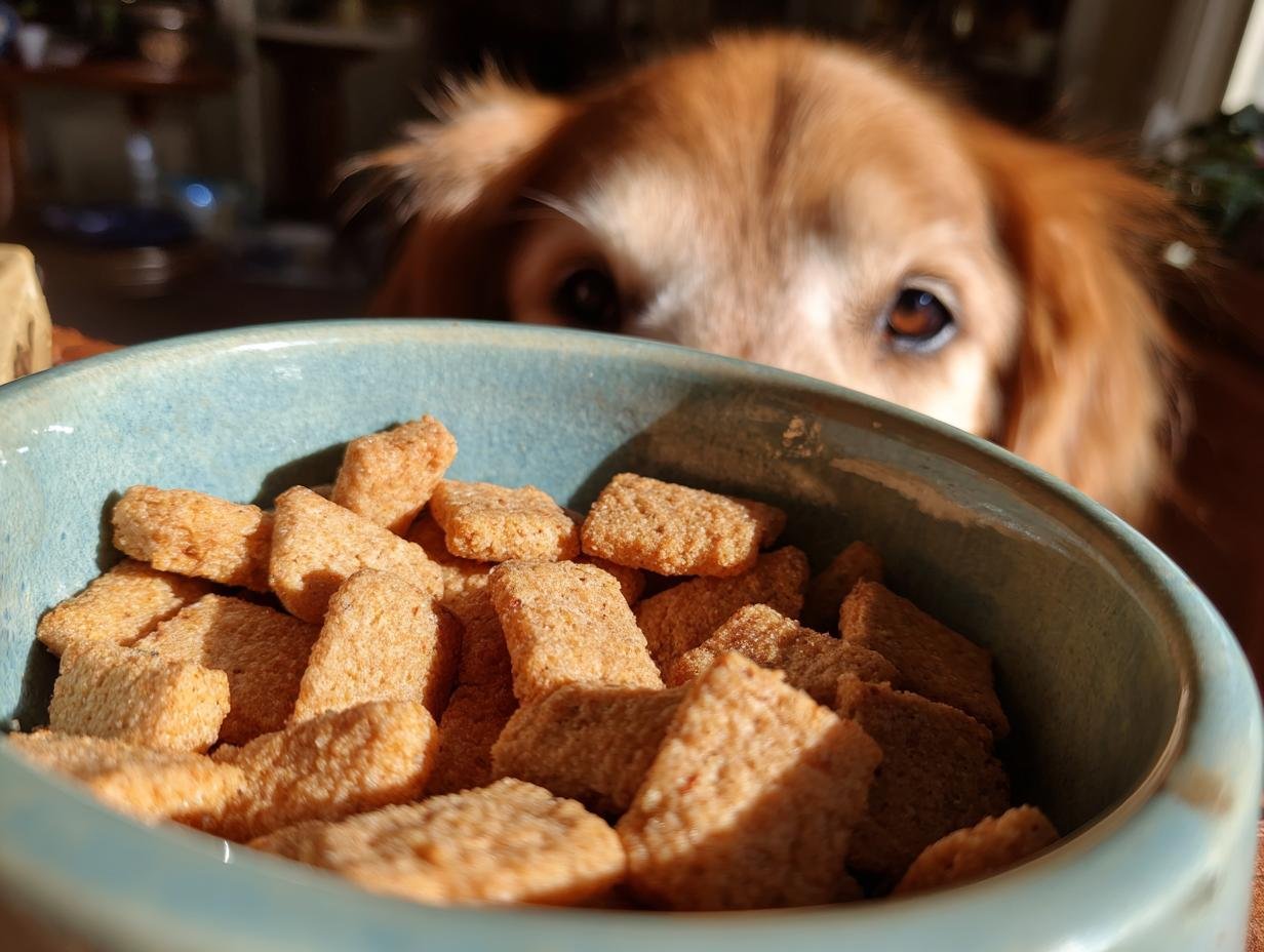 A golden dog peers over a blue bowl filled with Homemade Chicken and Cauliflower Light Crumble Kibbles.