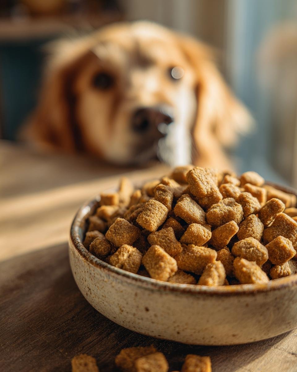 A bowl filled with Homemade Chicken and Chickpea Protein Packed Kibbles, with a golden retriever looking eagerly in the background.