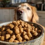 Close-up of a full bowl of Homemade Chicken and Chickpea Protein Packed Kibbles with a golden retriever looking eagerly in the background.