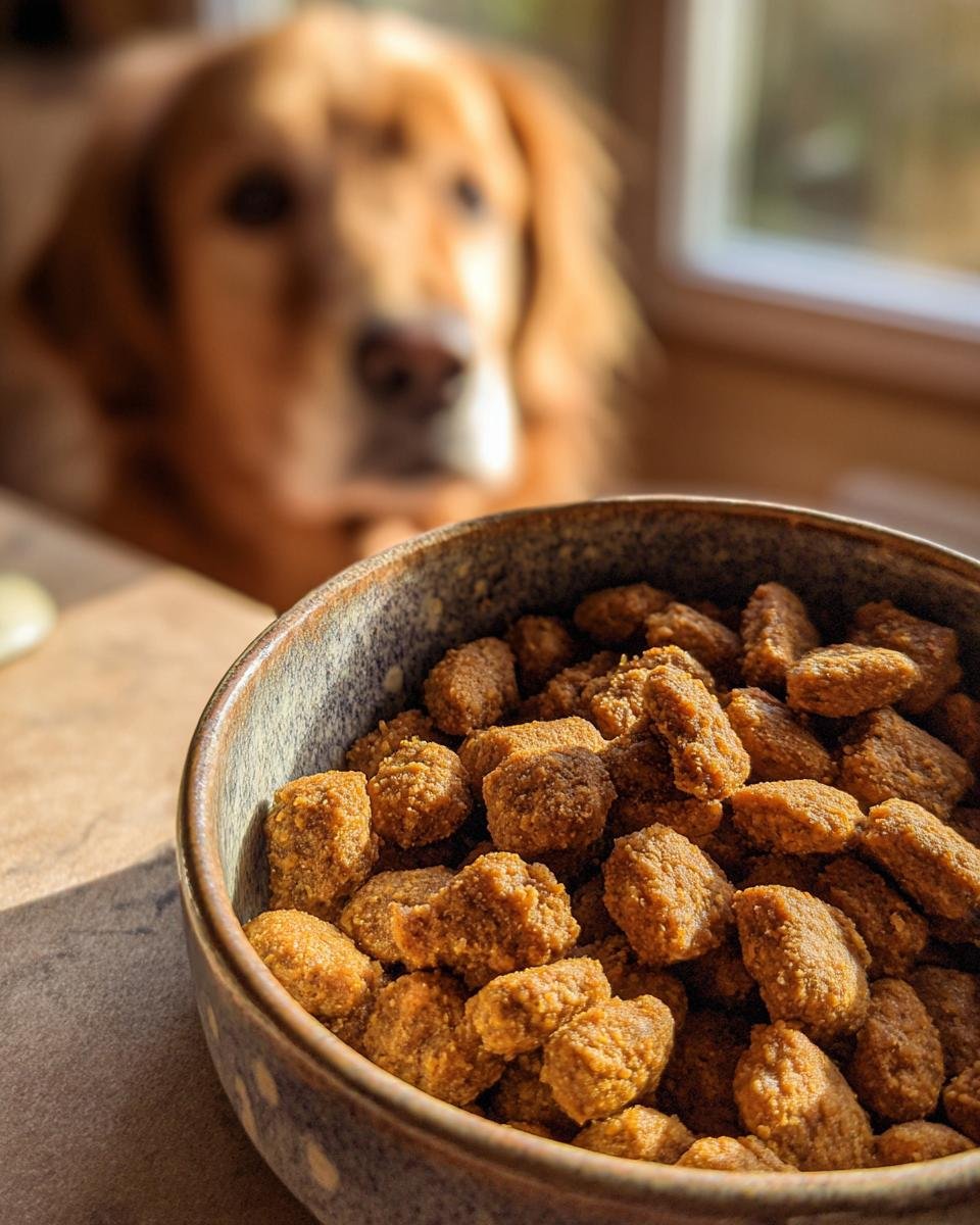 A bowl filled with Homemade Chicken and Chickpea Protein Packed Kibbles, with a golden retriever looking on in the background.
