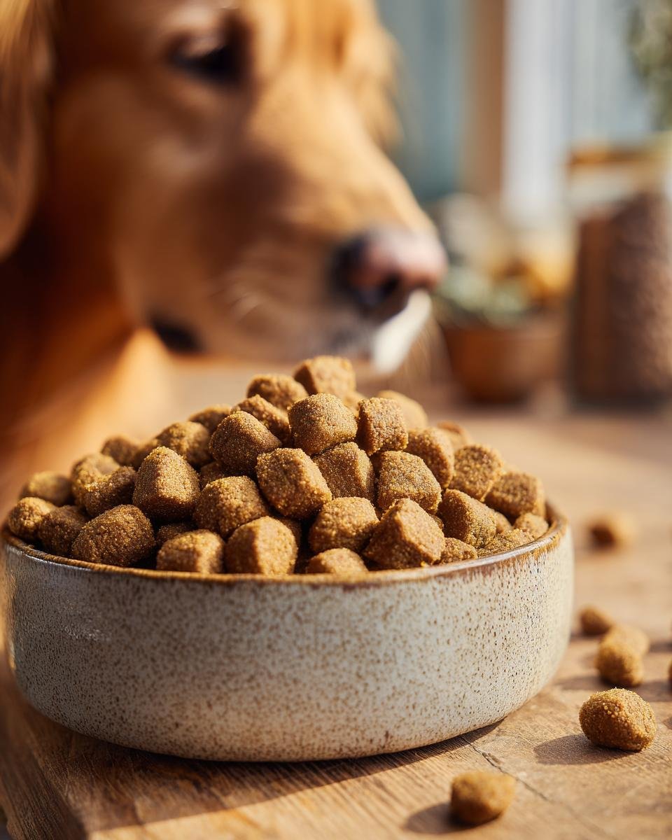 A bowl overflowing with Homemade Chicken and Chickpea Protein Packed Kibbles, with a golden retriever looking on in the background.
