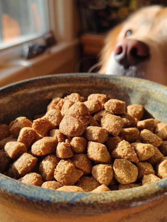 A close-up of Homemade Chicken and Chickpea Protein Packed Kibbles in a ceramic bowl, with a hopeful dog looking on in the background.