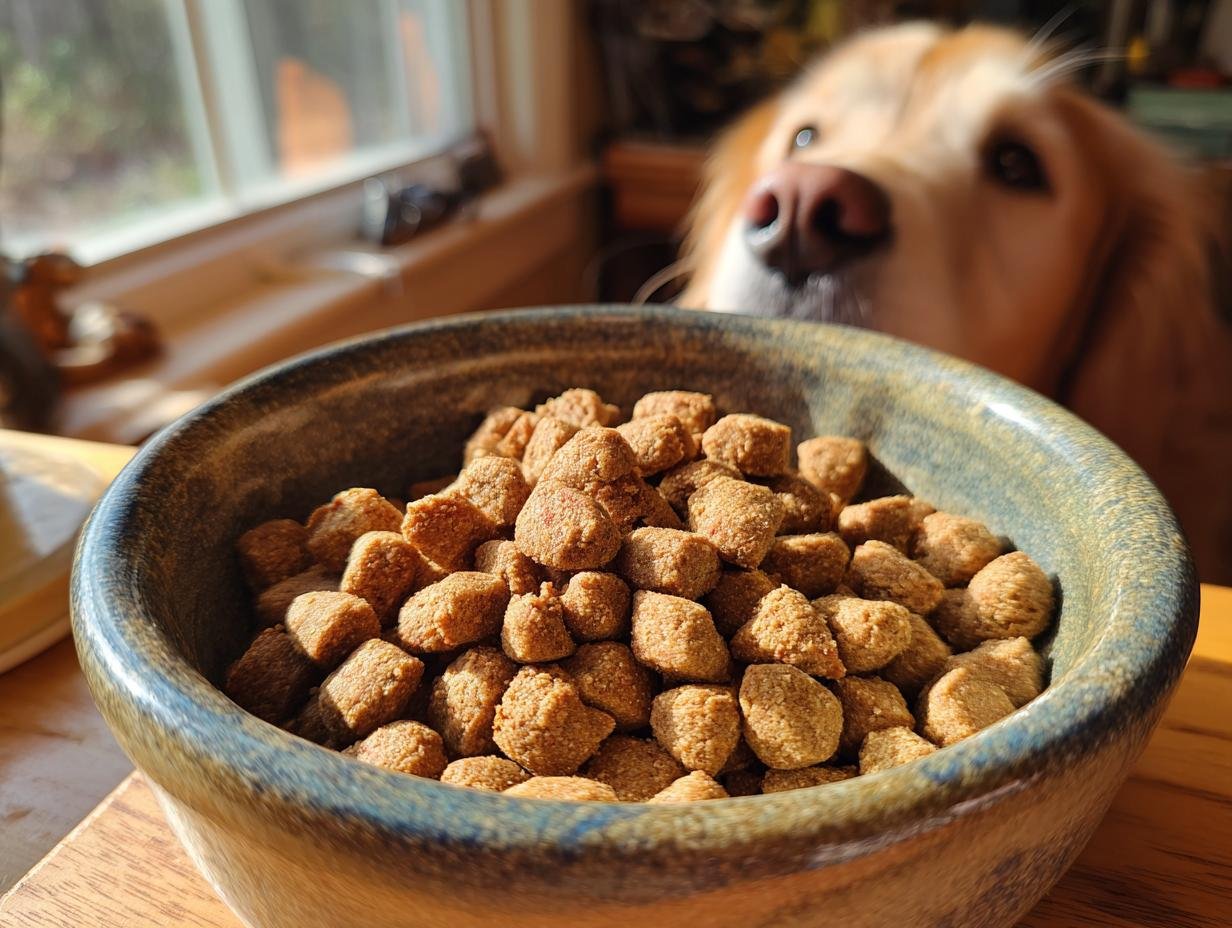 A close-up of Homemade Chicken and Chickpea Protein Packed Kibbles in a ceramic bowl, with a hopeful dog looking on in the background.