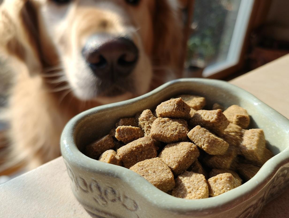 A bowl filled with Homemade Chicken and Flaxseed Omega Boost Kibbles, with a golden retriever looking eagerly in the background.