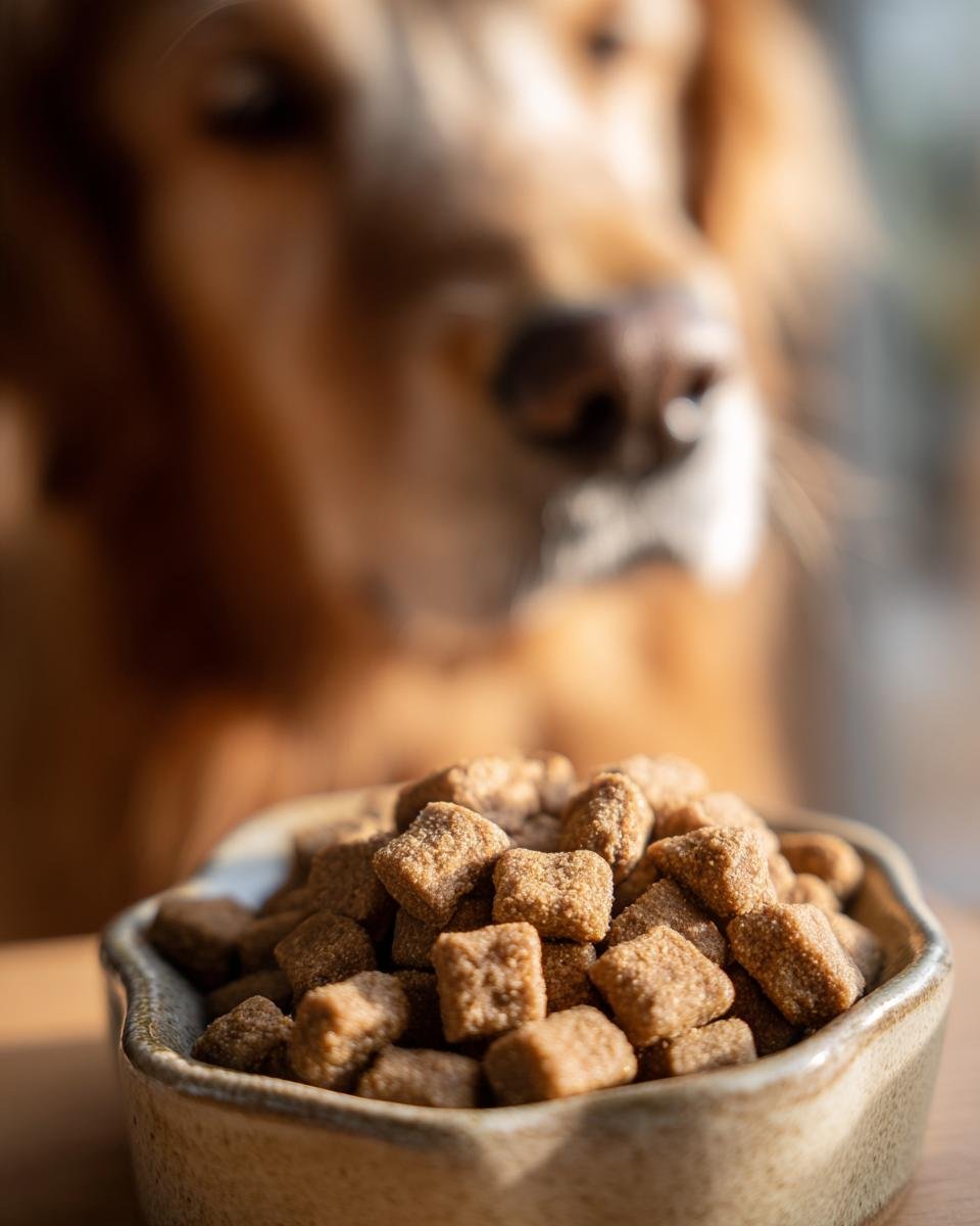 A bowl filled with Homemade Chicken and Flaxseed Omega Boost Kibbles, with a golden retriever looking on in the background.