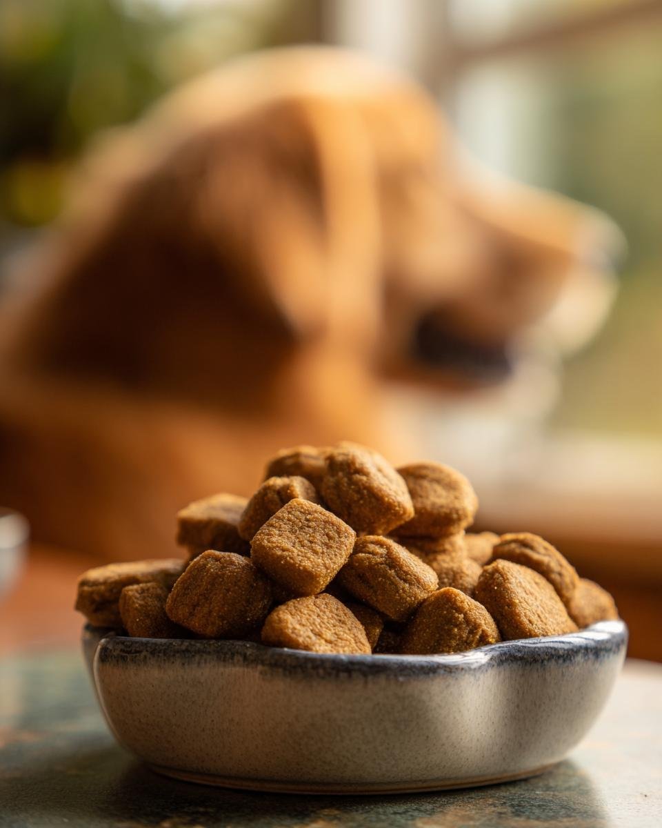 A close-up of Homemade Chicken and Flaxseed Omega Boost Kibbles piled in a small bowl, with a dog waiting in the blurred background.