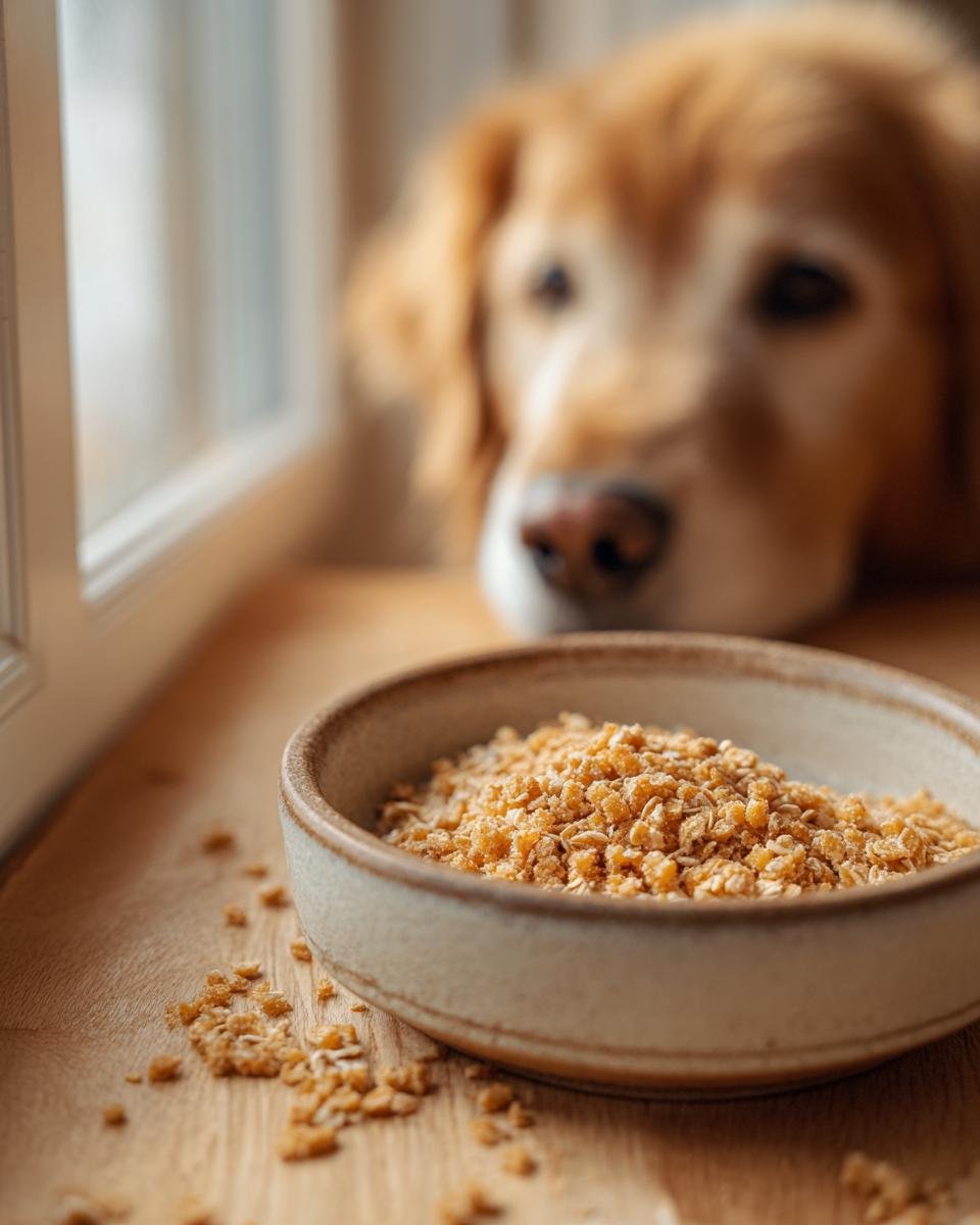 A bowl of Homemade Chicken and Oat High Fiber Kibbles with a golden retriever looking on in the background.